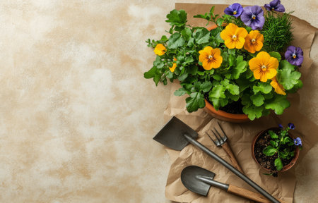 Bright yellow, purple, and peach flowers surround various gardening tools on crumpled paper, creating a vibrant workspace that highlights the joy of planting and nurturing plants.の素材
