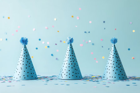 Bright blue party hats with polka dots and shiny confetti are spread across a light blue surface, creating a fun and festive environment ideal for celebrations.の素材