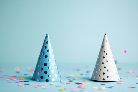 Two party hats, one blue with silver dots and one white with silver dots, are placed on a light blue background surrounded by colorful confetti, creating a cheerful atmosphere.の素材
