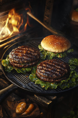 Two grilled beef patties sit on crisp lettuce leaves next to a toasted sesame bun, surrounded by warm light from a nearby fire, creating a cozy summer barbecue atmosphere.の素材