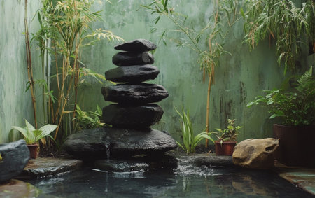 Calmness envelops the setting as smooth black stones are stacked in harmony beside still water. Lush green plants create a serene atmosphere, evoking tranquility in nature.の素材