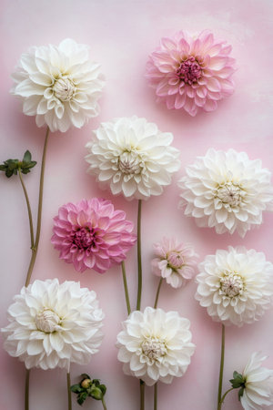 Delicate dahlias in shades of pink and white are arranged vertically on a soft pink backdrop, highlighting their intricate petal formations and vibrant colors.の素材