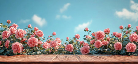 Delicate pink roses are displayed on a wooden pedestal amidst a field filled with various flowers. The bright blue sky enhances the serene midday atmosphere.の素材