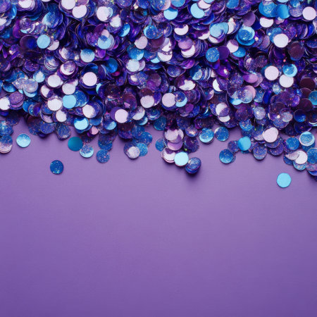 Colorful purple sequins are spread across a lavender surface, sparkling under soft light. This collection of shiny embellishments is ideal for crafts, parties, or creative designs.の素材