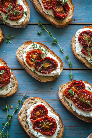 Delicious bruschetta is presented on a rustic plate, featuring creamy cheese topped with sundried tomatoes and garnished with herbs, creating an appetizing dish.の素材