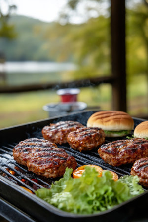Two grilled beef patties sit on crisp lettuce leaves next to a toasted sesame bun, surrounded by warm light from a nearby fire, creating a cozy summer barbecue atmosphere.の素材
