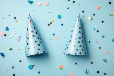 Two party hats, one blue with silver dots and one white with silver dots, are placed on a light blue background surrounded by colorful confetti, creating a cheerful atmosphere.の素材