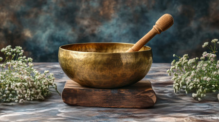 A brass singing bowl sits elegantly on a multi-colored textured surface, accompanied by a wooden mallet, creating a peaceful ambiance perfect for meditation sessions.の素材