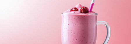 A vibrant pink smoothie made from blended fruits is presented in a clear glass mug. Ripe raspberries and a colorful straw add a playful touch, enhancing its inviting appearance.の素材