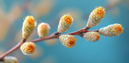 Delicate catkins emerge on a slender branch, signaling the transition to spring. The backdrop features a gentle blue hue, enhancing the freshness of nature's revival.の素材