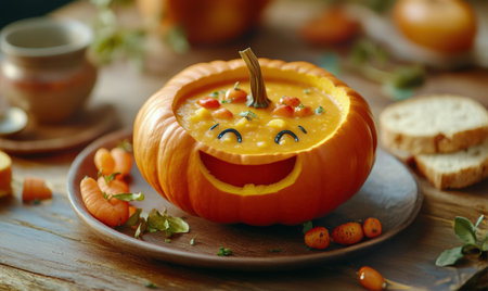 A hollowed pumpkin filled with creamy pumpkin soup topped with apple slices, rosemary, and black seeds. Fresh bread and carrots complement the dish, showing autumn flavors.の素材