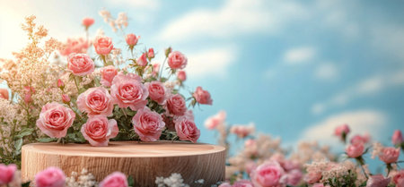 Delicate pink roses are displayed on a wooden pedestal amidst a field filled with various flowers. The bright blue sky enhances the serene midday atmosphere.の素材