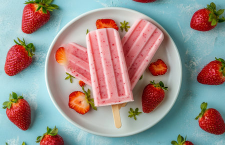 Sweet and refreshing strawberry popsicles positioned on a plate with sliced strawberries and mint leaves, highlighting a perfect summer treat ideal for hot days.の素材