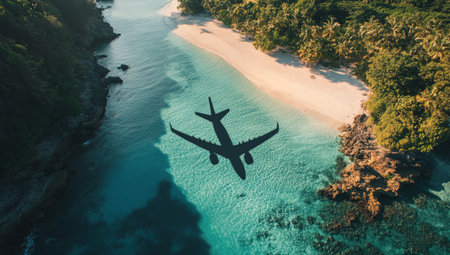 An airplane casts its shadow over a serene beach with golden sand and crystal-clear turquoise waters. Lush green trees frame the picturesque tropical landscape under a bright blue sky.の素材