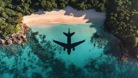 An airplane casts its shadow over a serene beach with golden sand and crystal-clear turquoise waters. Lush green trees frame the picturesque tropical landscape under a bright blue sky.の素材