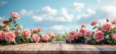 Delicate pink roses are displayed on a wooden pedestal amidst a field filled with various flowers. The bright blue sky enhances the serene midday atmosphere.の素材