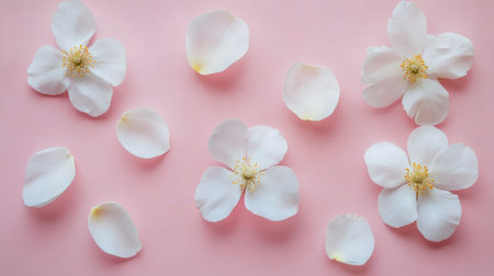 Soft white flower petals are scattered artistically on a gentle pink background, forming a tranquil and refreshing composition perfect for spring-inspired decoration or creative projects.の素材