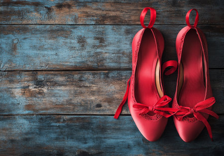 Beautiful red ballet shoes are positioned on a weathered wooden table, their satin ribbons delicately tied in bows, emphasizing the craftsmanship and vibrant color.の素材
