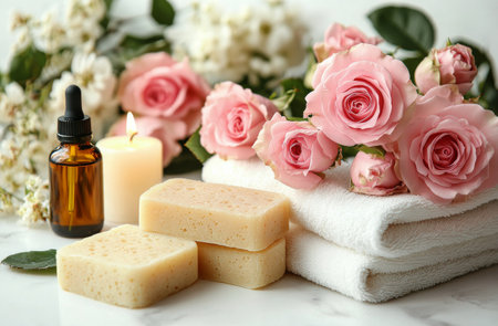 Soft towels are stacked beside delicate pink roses and calming candles, while natural skincare products invite relaxation and rejuvenation, perfect for a tranquil spa experience at home.の素材