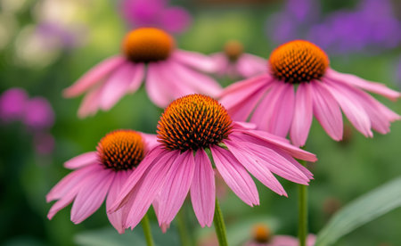 In a lush garden during summer, clusters of pink echinacea flowers display their vibrant orange centers, creating a beautiful contrast against the greenery and colorful plants in the background.の素材