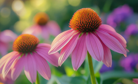 In a lush garden during summer, clusters of pink echinacea flowers display their vibrant orange centers, creating a beautiful contrast against the greenery and colorful plants in the background.の素材