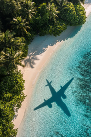 An airplane casts its shadow on a serene beach, surrounded by vibrant palm trees and crystal clear waters. The tropical scene captures the essence of paradise and travel.の素材