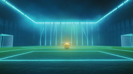 A vibrant soccer stadium is illuminated by striking blue and orange lights, highlighting a golden ball placed on the turf, preparing for an exciting nighttime match atmosphere.の素材