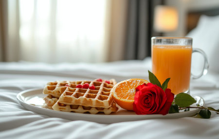 A delightful breakfast spread featuring crispy waffles accompanied by orange slices and a pink rose, set on a plate beside a refreshing glass of juice in a warm bedroom ambiance.の素材