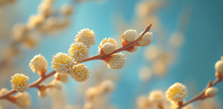 Delicate catkins emerge on a slender branch, signaling the transition to spring. The backdrop features a gentle blue hue, enhancing the freshness of nature's revival.の素材