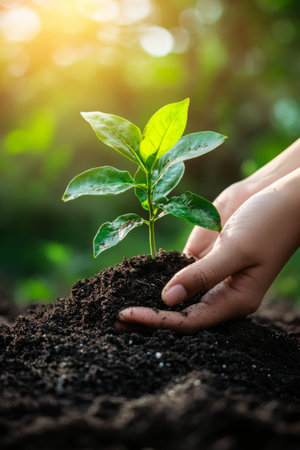 A person is carefully planting a young green sapling into dark, fertile soil while enjoying the warmth of sunlight in a lush garden environment, promoting ecological responsibility and growth.の素材