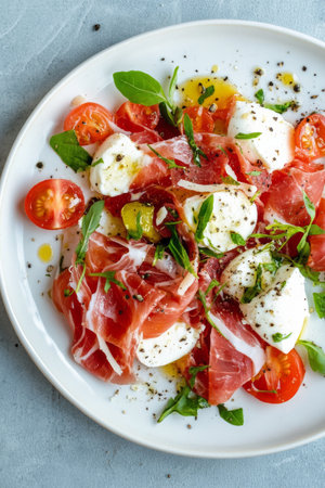 A colorful salad features creamy mozzarella balls, ripe tomatoes, salty prosciutto, and fresh basil leaves arranged on a white plate, creating a vibrant dish perfect for summer.の素材