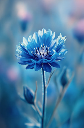 A striking blue flower stands tall with delicate petals and intricate stamens, surrounded by gentle bokeh lights in a tranquil garden. The atmosphere exudes calmness and beauty.の素材