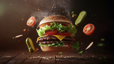 A gourmet burger featuring a juicy beef patty topped with melted cheese, fresh lettuce, sliced tomatoes, and pickles is floating against a dark backdrop, highlighting its mouthwatering appeal.の素材