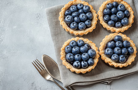 Four beautifully baked blueberry tarts sit on a soft linen cloth, each topped generously with fresh, plump blueberries, ideal for a summer dessert table or gathering.の素材