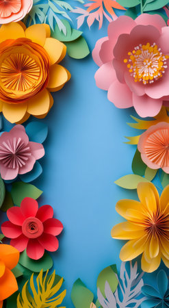 A collection of intricately designed paper flowers in various colors frames a blue backdrop, showing creativity and craftsmanship in every petal and leaf, perfect for decorative purposes.の素材