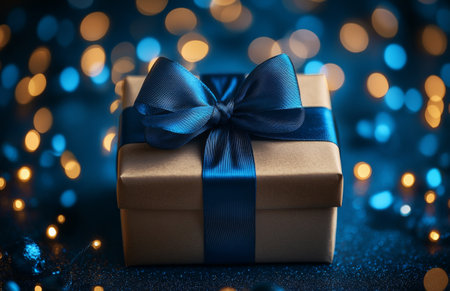 A beautifully wrapped present adorned with a teal ribbon is featured prominently. Glowing background bokeh lights create a warm and festive ambiance, evoking holiday cheer and celebration.の素材