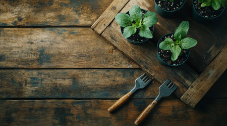 Soil-dusted gardening tools rest on a weathered wooden surface surrounded by potted young plants ready for planting. The scene depicts the preparation for home gardening.の素材