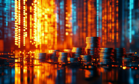 A close-up view of stacked coins illuminated by colorful city lights at night, emphasizing the themes of finance, wealth, and urban lifestyle in a vibrant environment.の素材