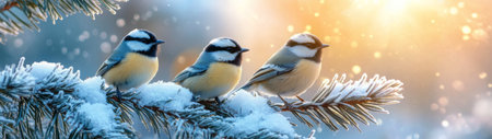 Three small birds are sitting closely together on a snow-covered pine branch as soft snowflakes fall around them in a tranquil winter dusk setting.の素材