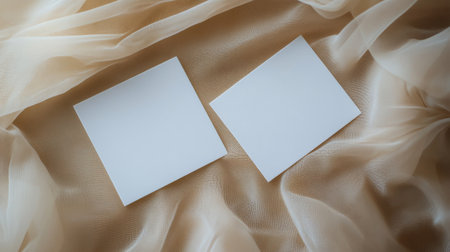 Two blank cards are positioned on a smooth, soft fabric alongside dried flowers, creating a serene and stylish setup perfect for invitations or personal notes.の素材
