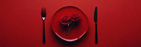A beautifully arranged dinner table featuring a heart-shaped red dessert along with a vibrant red rose. The warm lighting creates a romantic atmosphere perfect for a special occasion.の素材
