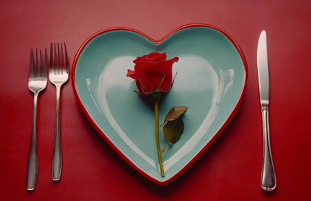 A striking features a red rose alongside black forks and knives placed on a white plate, all set against a rich red backdrop, creating a visually appealing display.の素材