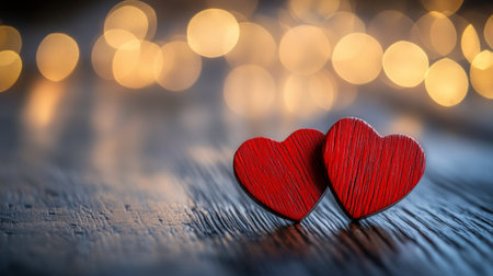 Two vibrant red wooden hearts sit side by side on a rustic wooden table. Soft, shimmering lights in the background enhance the cozy and romantic ambiance, perfect for a love-themed event.の素材