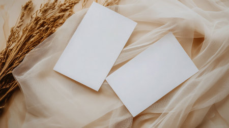 Two blank cards are positioned on a smooth, soft fabric alongside dried flowers, creating a serene and stylish setup perfect for invitations or personal notes.の素材