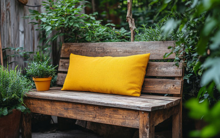 A wooden bench with a bright yellow cushion sits among lush greenery and vibrant flowers in a peaceful garden. Sunlight filters through the leaves, creating a tranquil atmosphere.の素材
