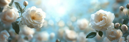 Beautiful white roses fill the garden, basking in gentle sunlight. Their petals shimmer delicately, creating a tranquil atmosphere in this enchanting outdoor space.の素材