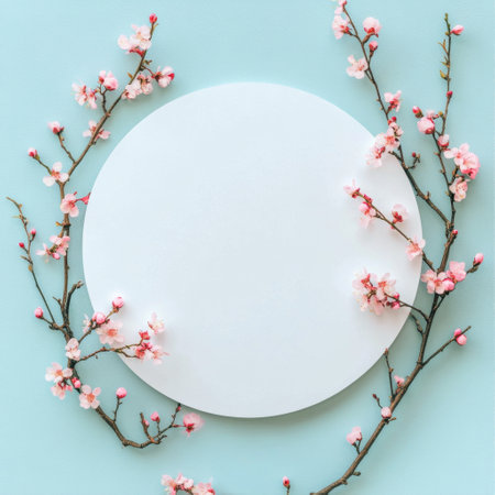 Delicate pink flowers surround a blank circular space set against a light blue background, creating an inviting atmosphere for artistic expression or creative projects.の素材