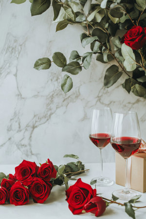 A glass filled with rich red wine stands beside a bouquet of lush red roses. Sweet red chocolates and a small gift box accompany the elegant arrangement, creating a romantic atmosphere.の素材