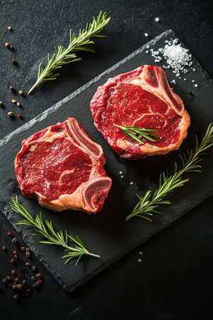 Two raw beef steaks are placed on a black slate board, garnished with fresh rosemary sprigs and accompanied by a small dish of sea salt, inviting culinary exploration.の素材