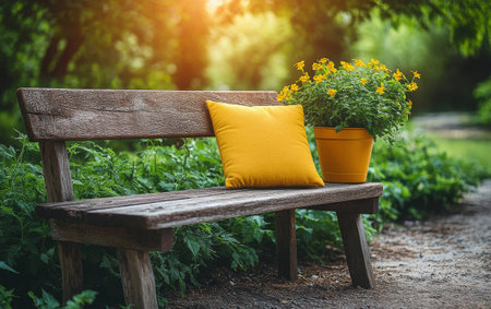 A wooden bench with a bright yellow cushion sits among lush greenery and vibrant flowers in a peaceful garden. Sunlight filters through the leaves, creating a tranquil atmosphere.の素材